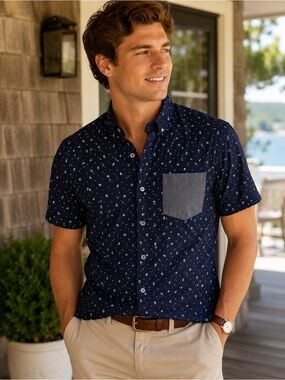 San Francisco Work Shirts Mens Medium Navy Blue Elephant Micro Print Button Up